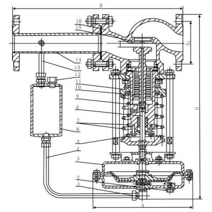ZZYP型带冷凝器自力式压力调节阀阀后式产品结构图