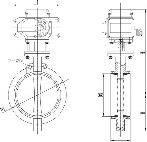 D971X-10型电动开关型对夹式蝶阀主要外形连接尺寸图