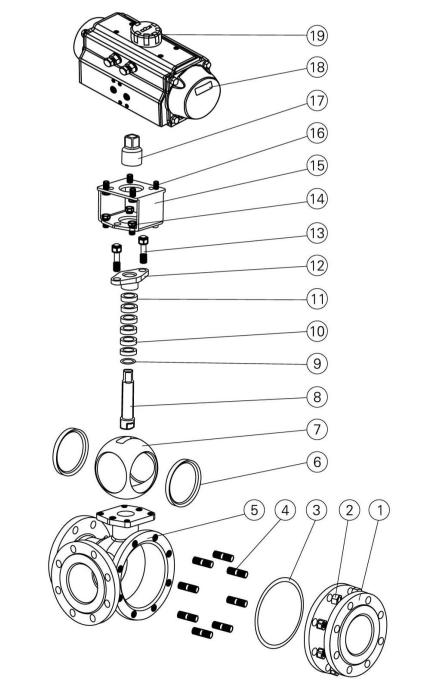 L型Q644F法兰式高平台气动三通球阀主要零部件图